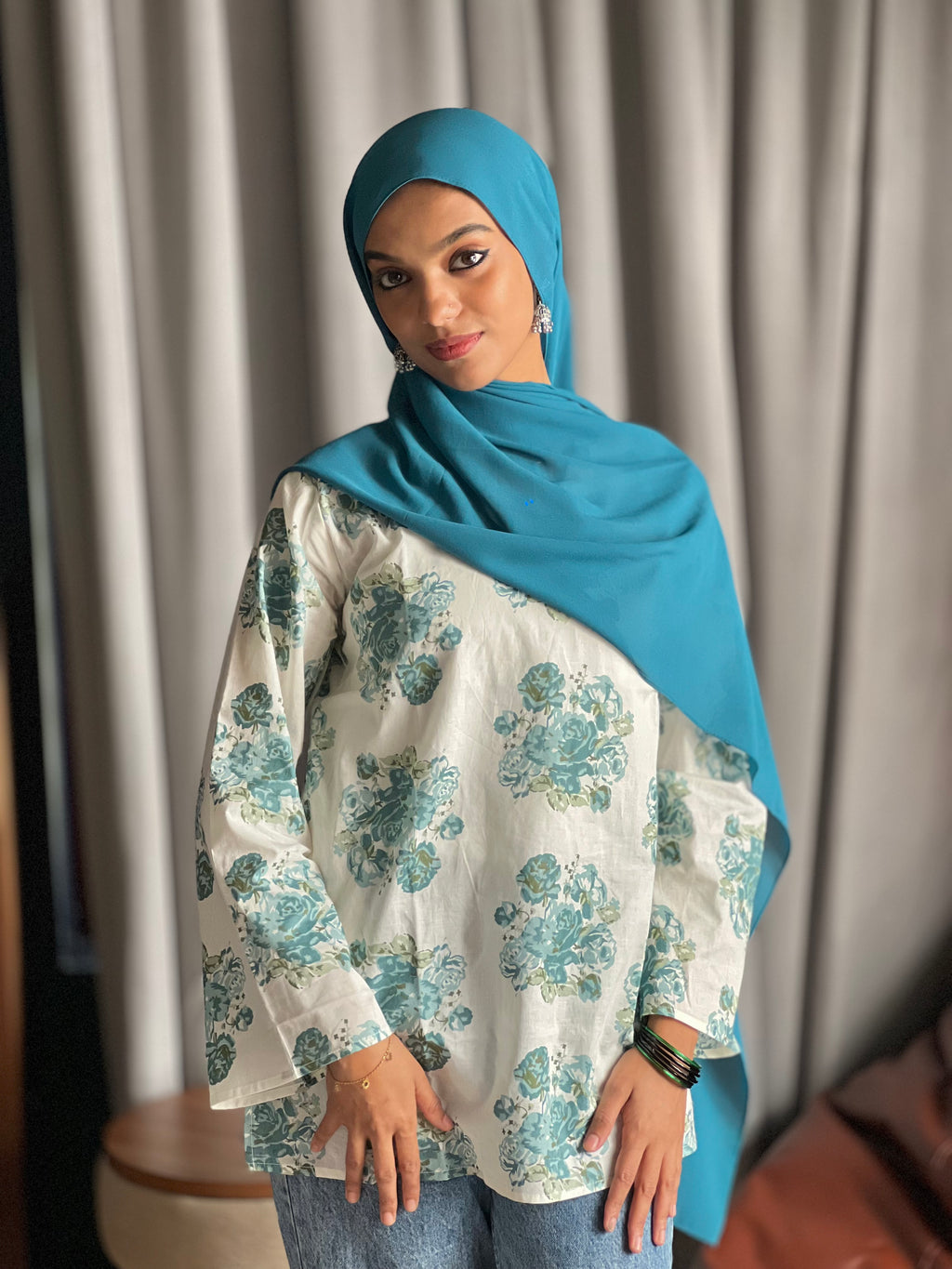 Aqua Green Floral Short Kurti