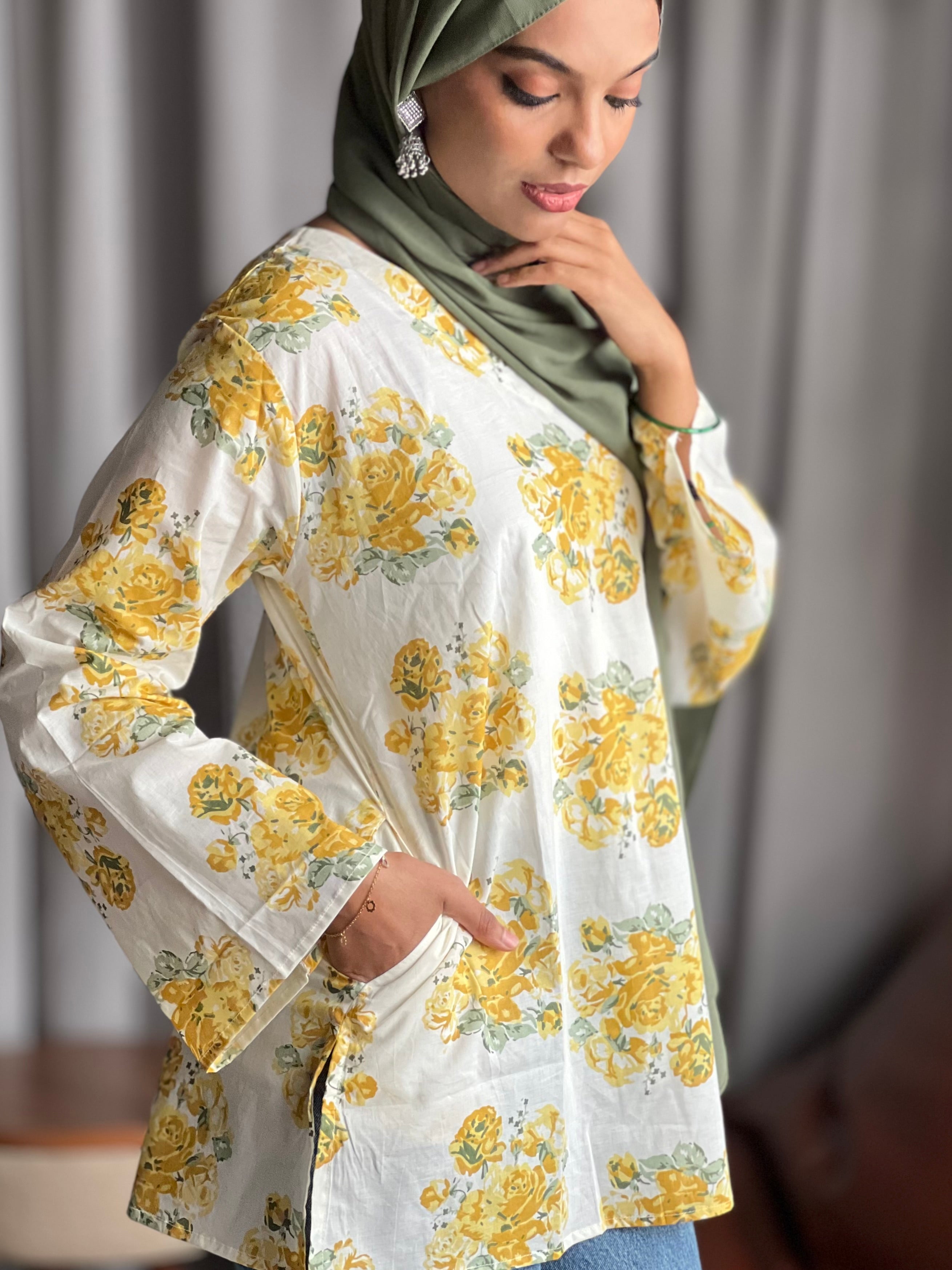 Yellow Floral Short Kurti