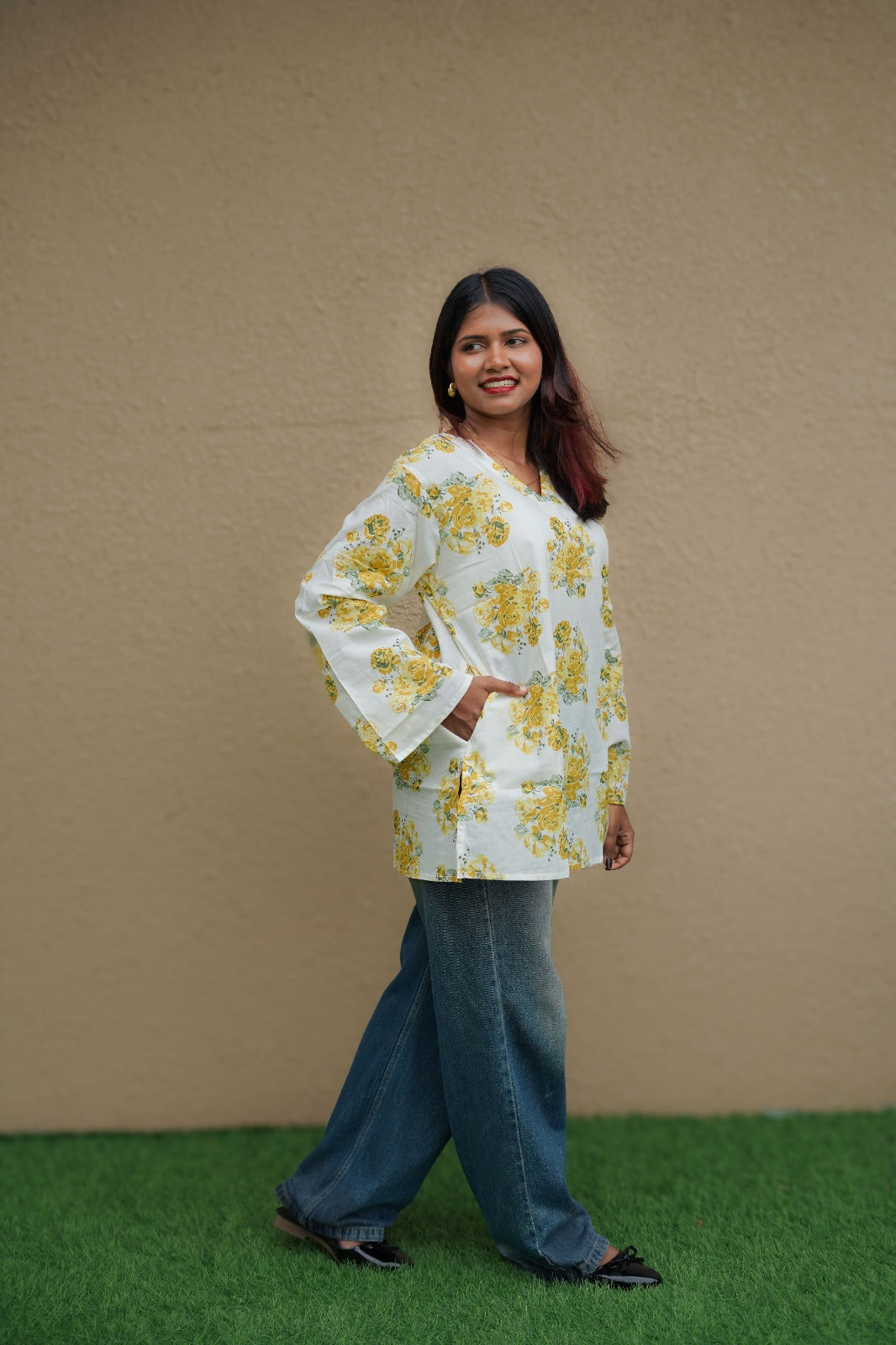 Yellow Floral Short Kurti