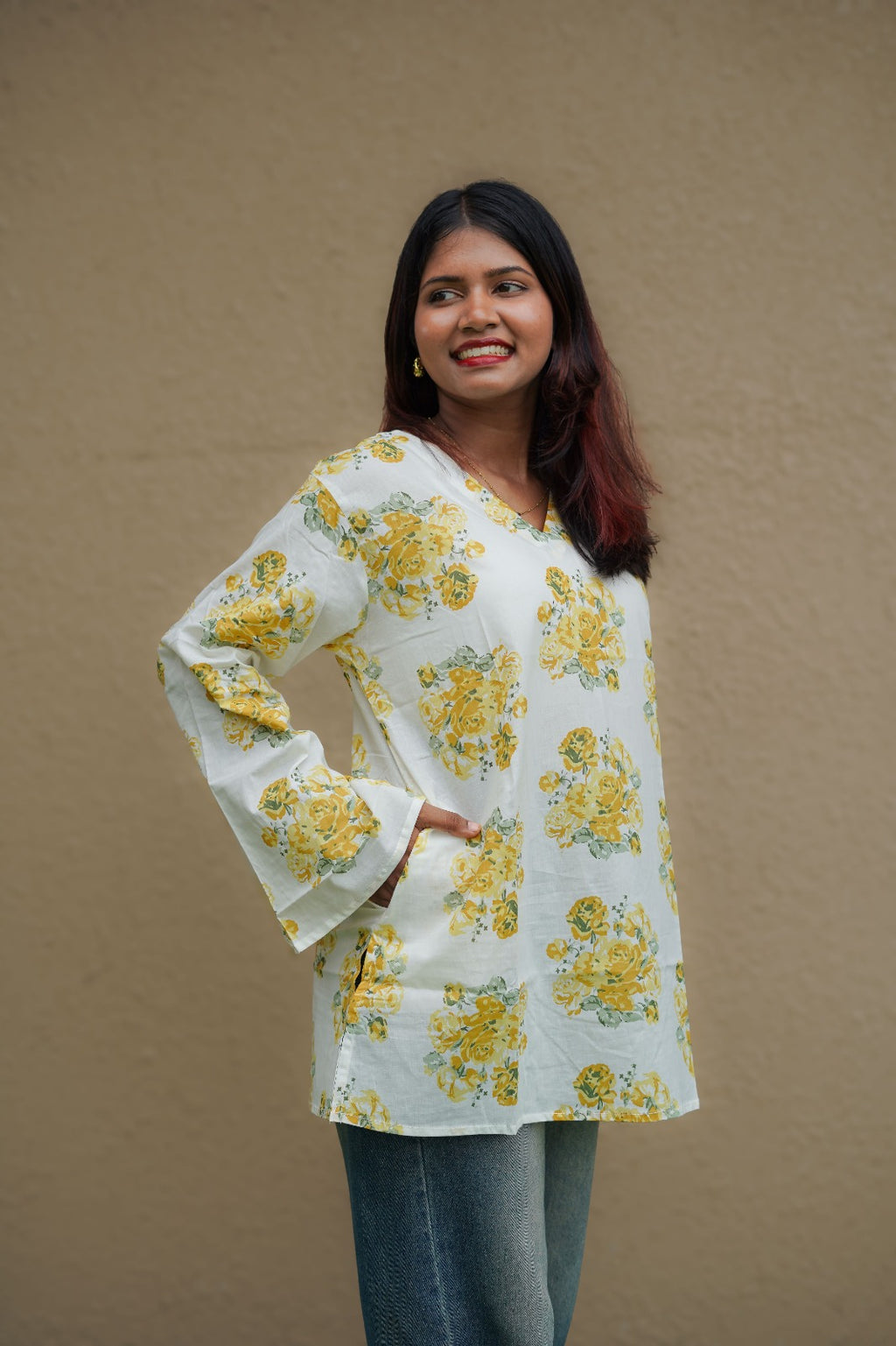Yellow Floral Short Kurti