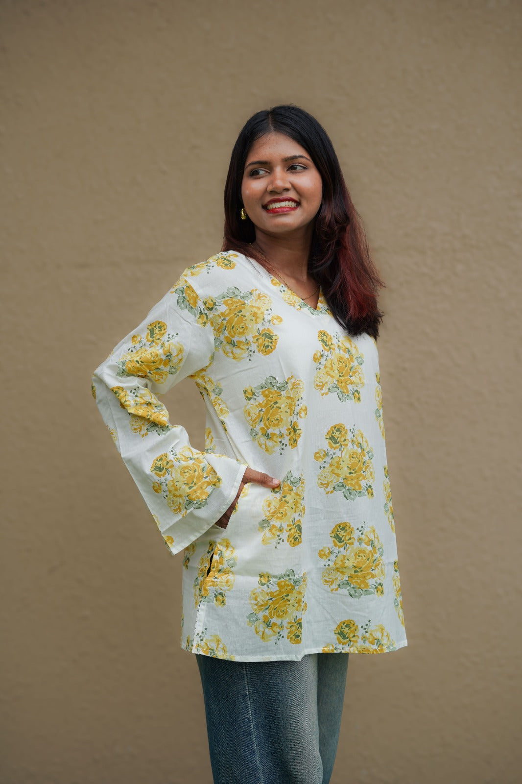 Yellow Floral Short Kurti