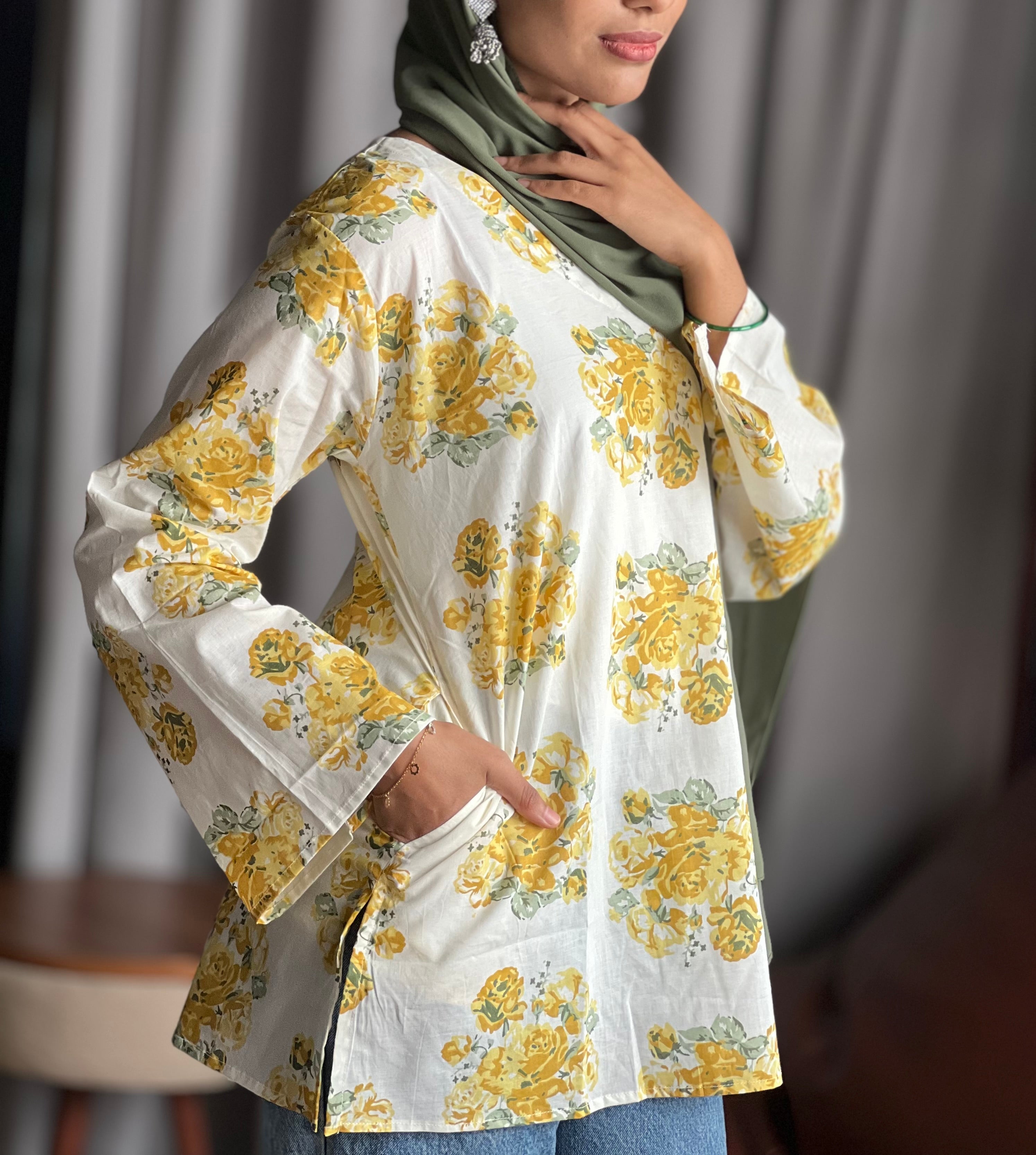 Yellow Floral Short Kurti