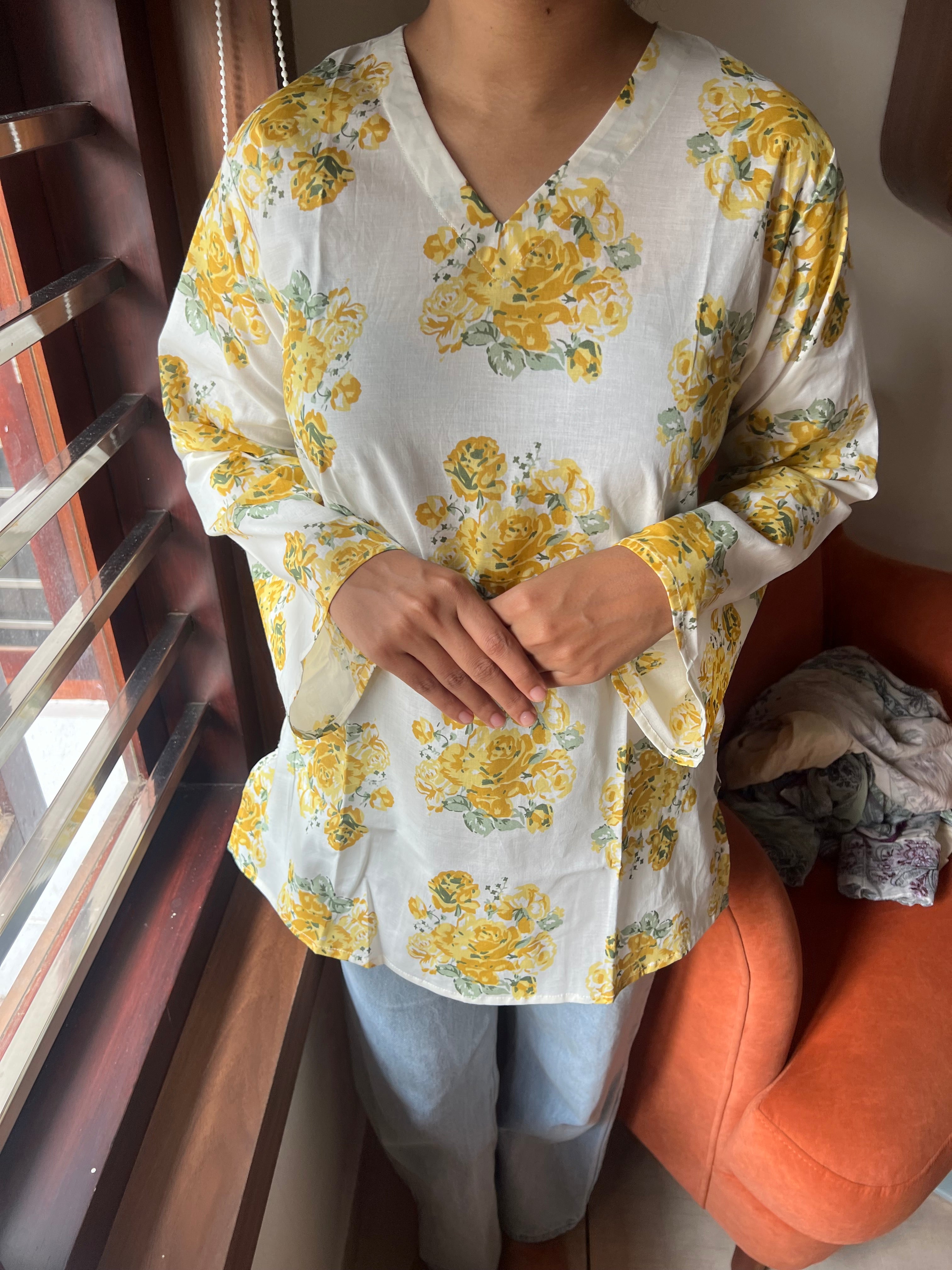 Yellow Floral Short Kurti