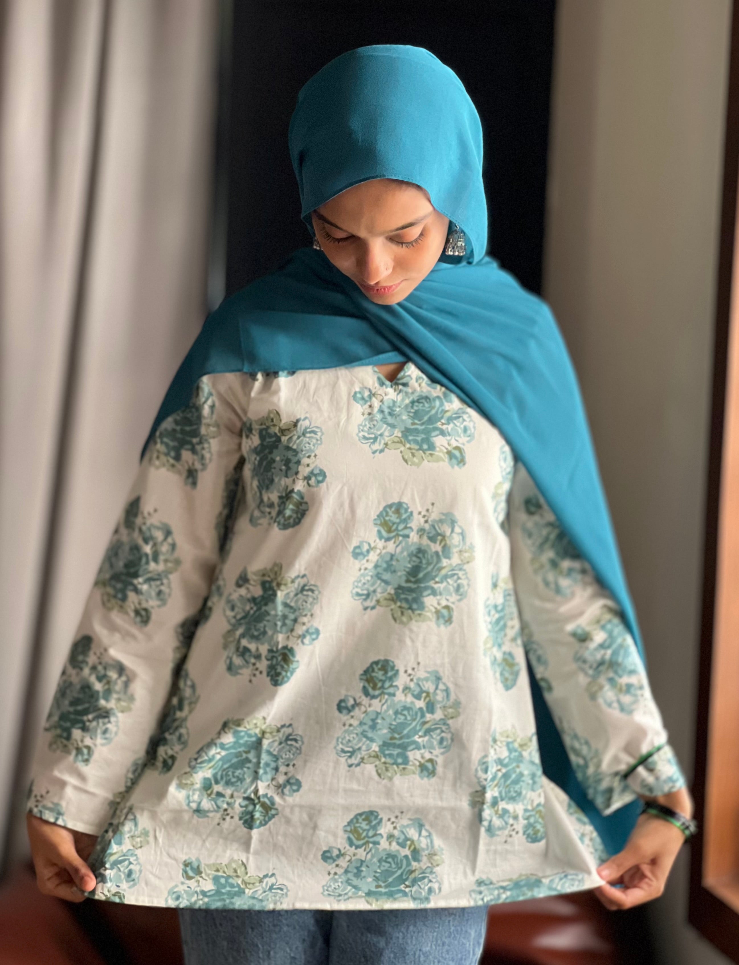 Aqua Green Floral Short Kurti