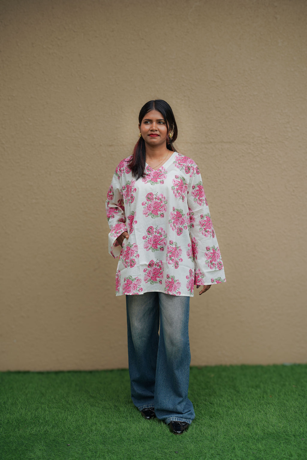Pink Floral Short Kurti