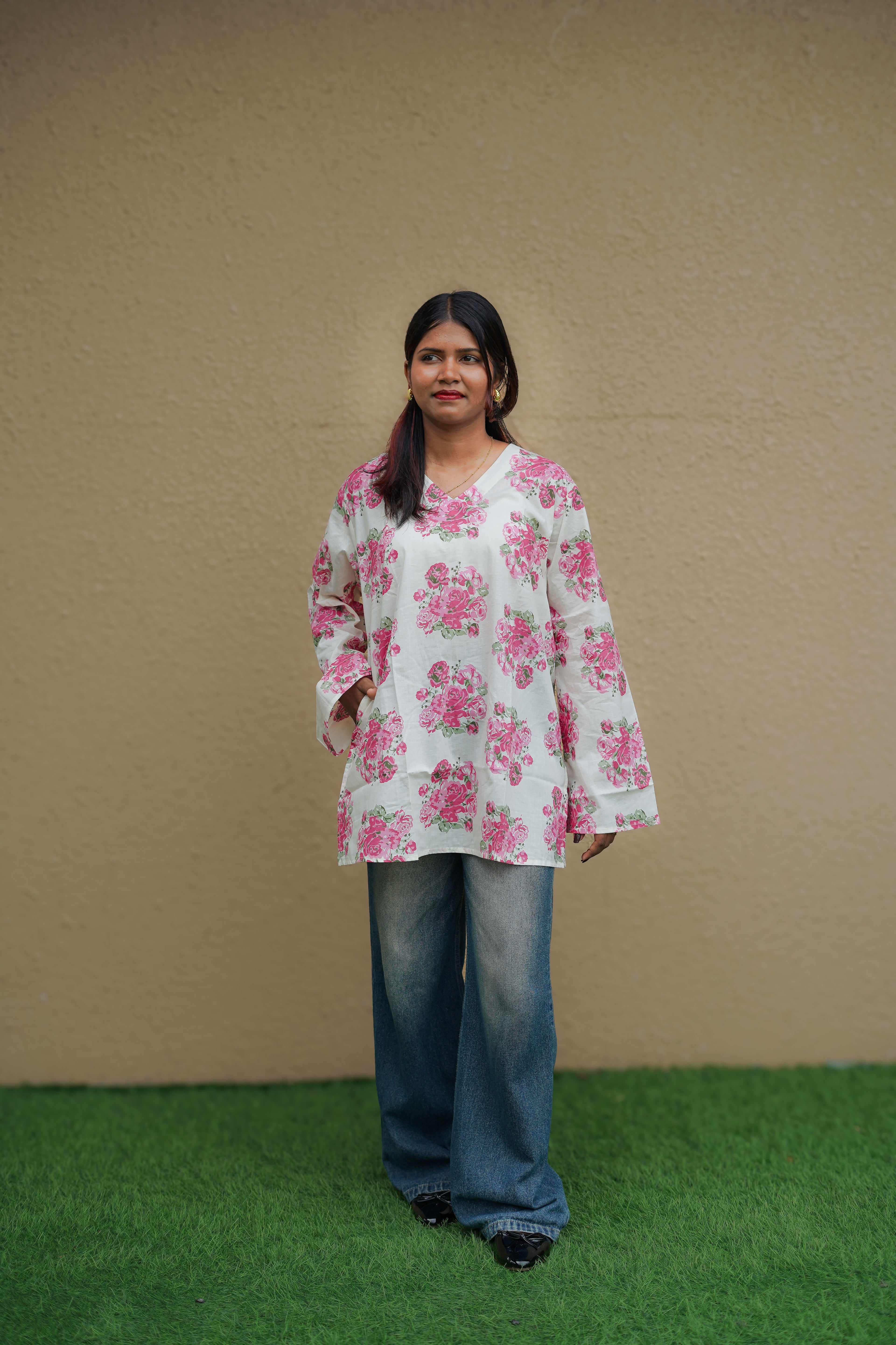 Pink Floral Short Kurti