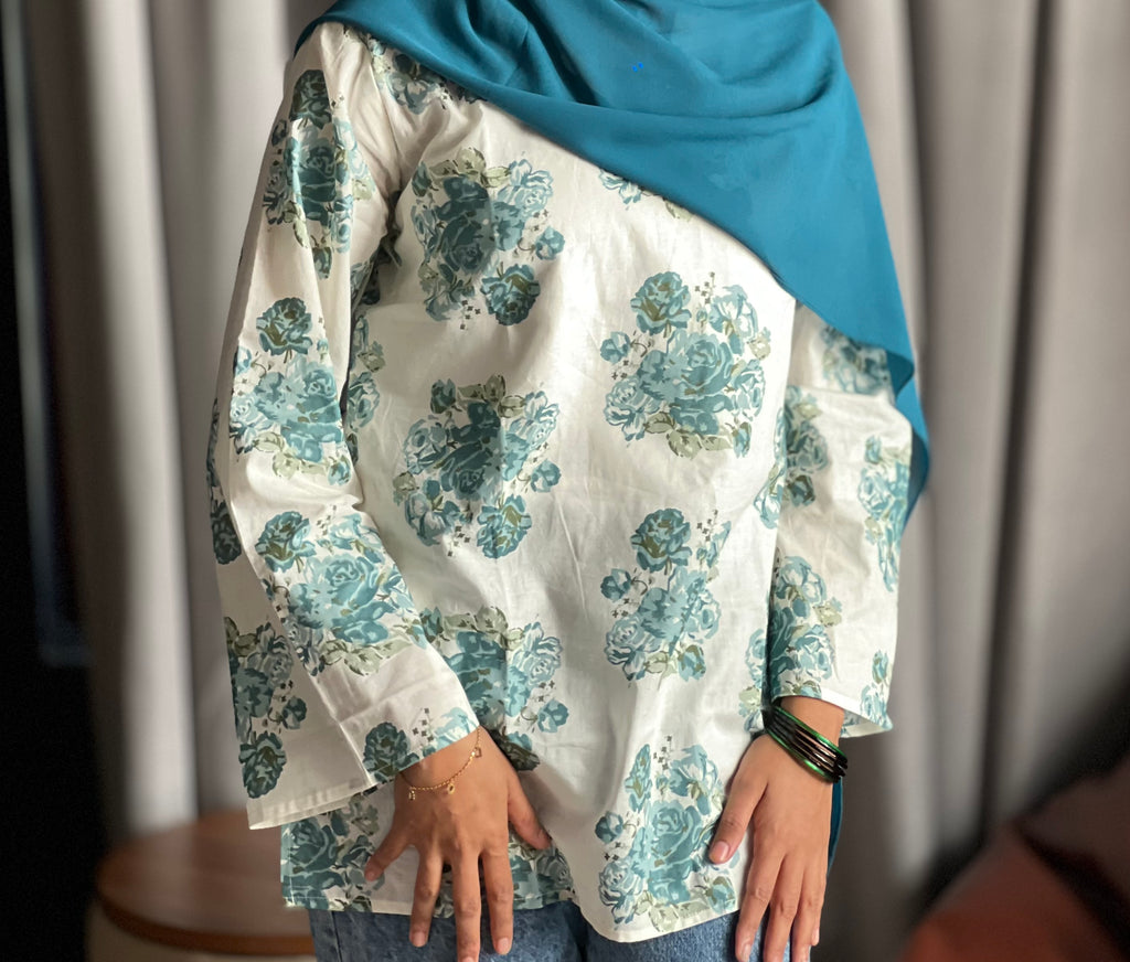 Aqua Green Floral Short Kurti