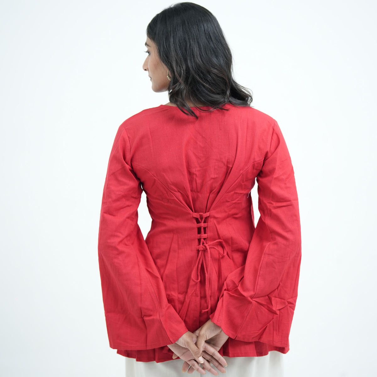 Zaara Corset Kurti featuring a lace-up corset back with adjustable red ties