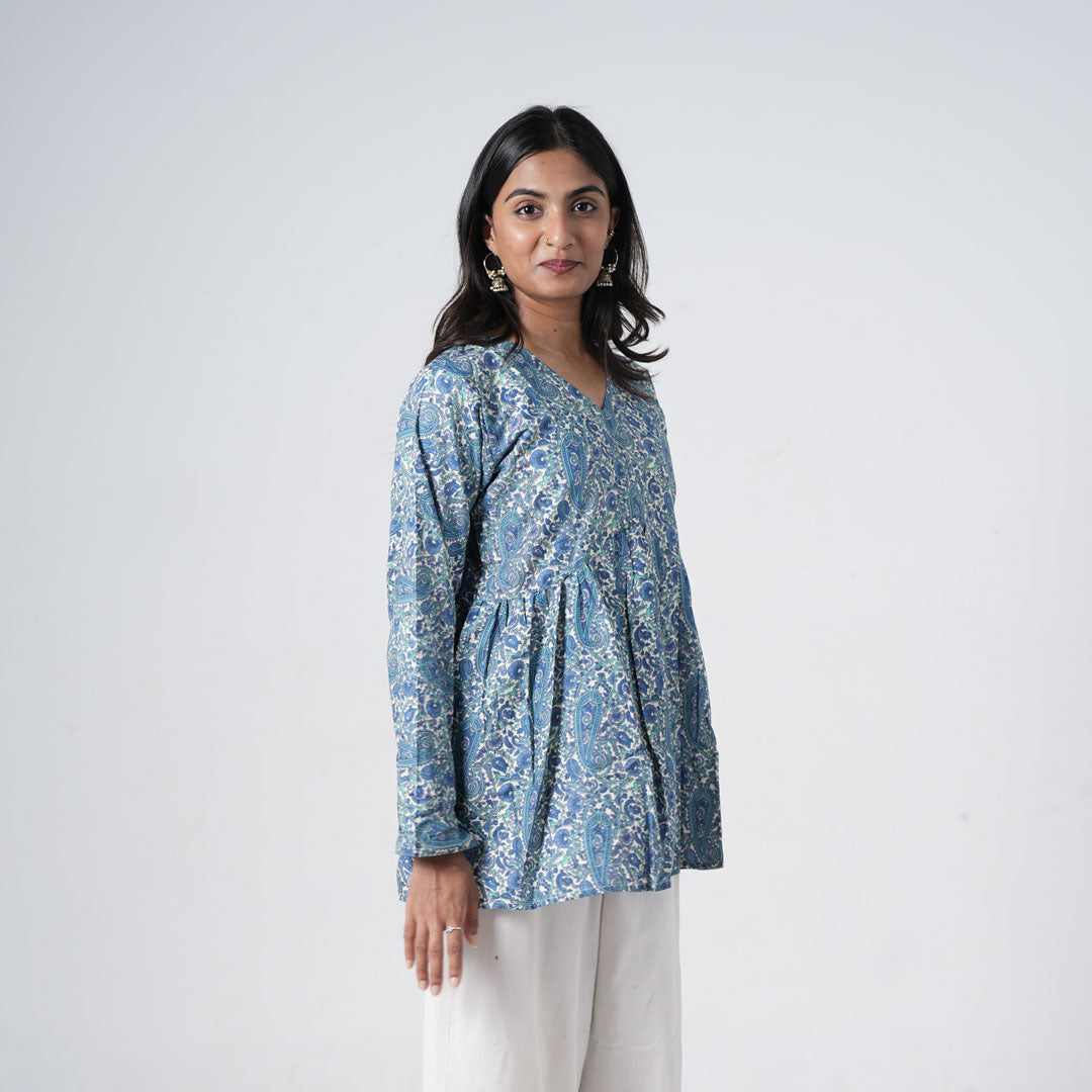 Zareen Flared Kurti featuring long sleeves with intricate blue paisley and floral prints