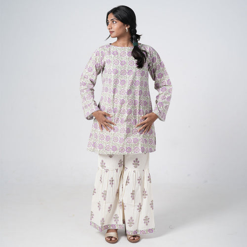 Aafreen Lavender Mist co-ord set for women featuring a lavender and sage green floral printed top with matching wide-leg pants