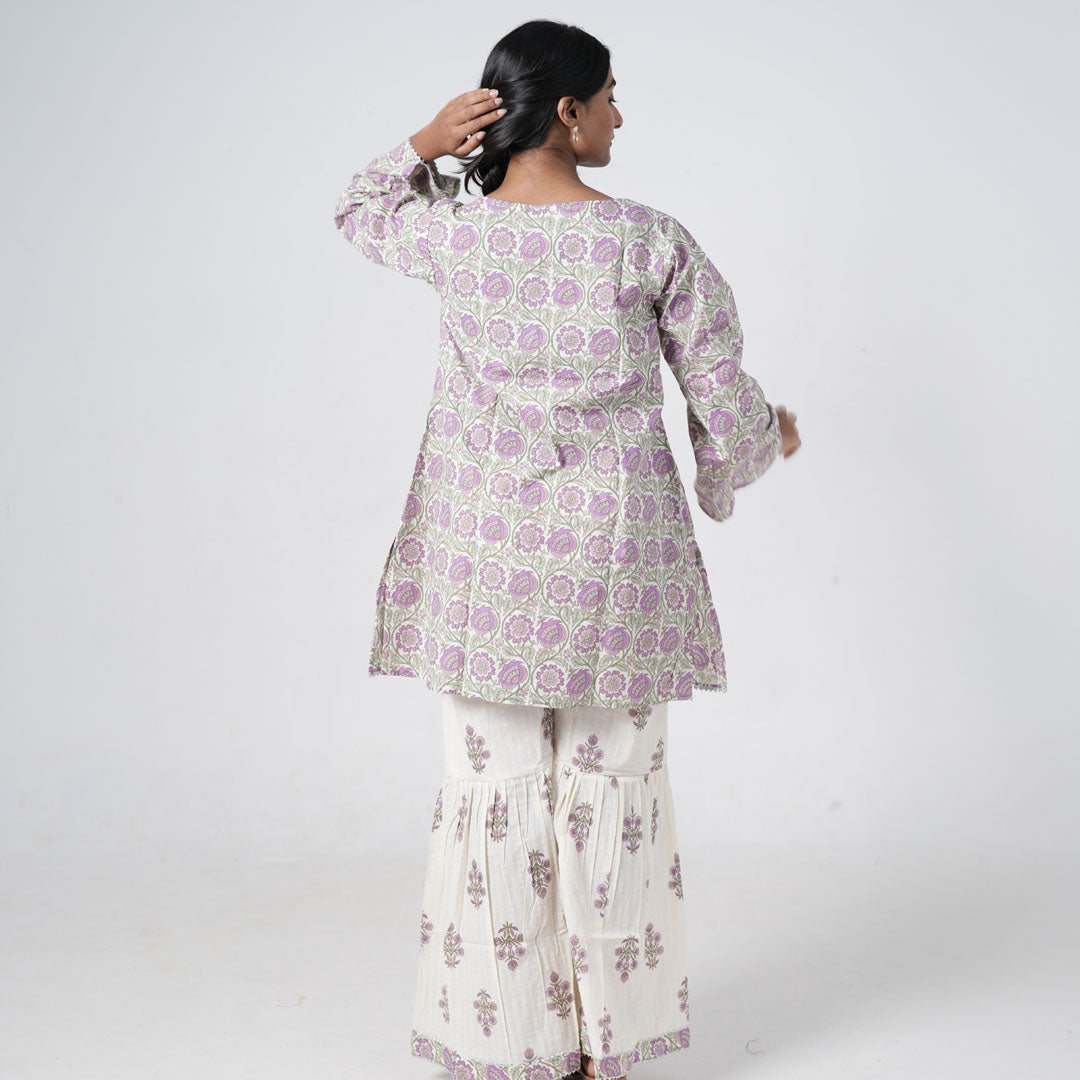 Back view of Aafreen Lavender Mist co-ord set featuring lavender floral prints on the top and matching wide-leg pants