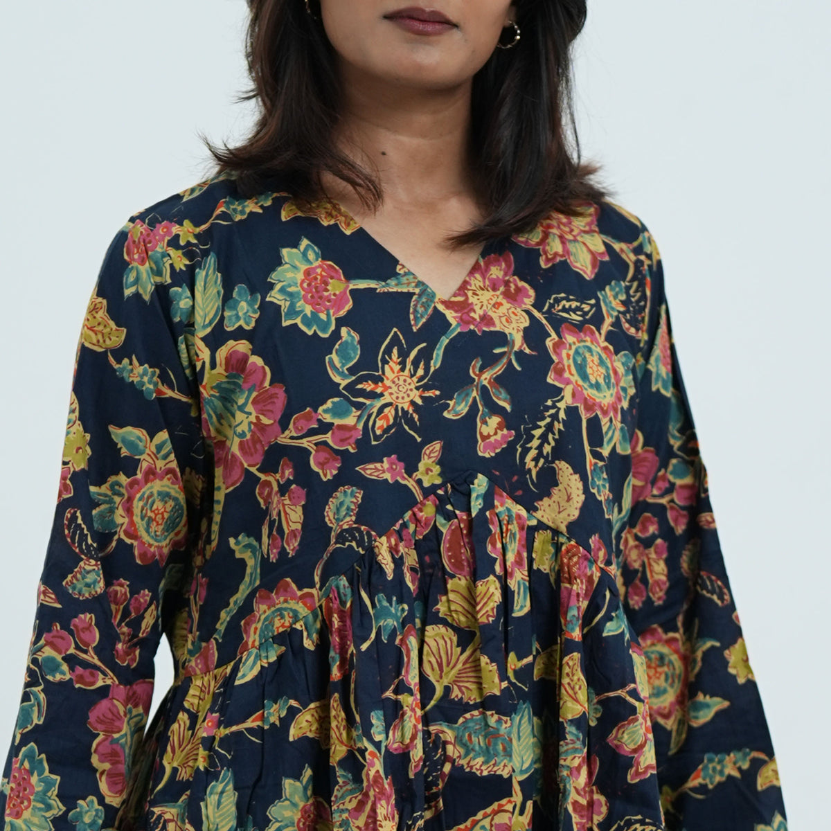 Arohi Garden Flared Kurti featuring a V neckline and vibrant multicolour floral patterns