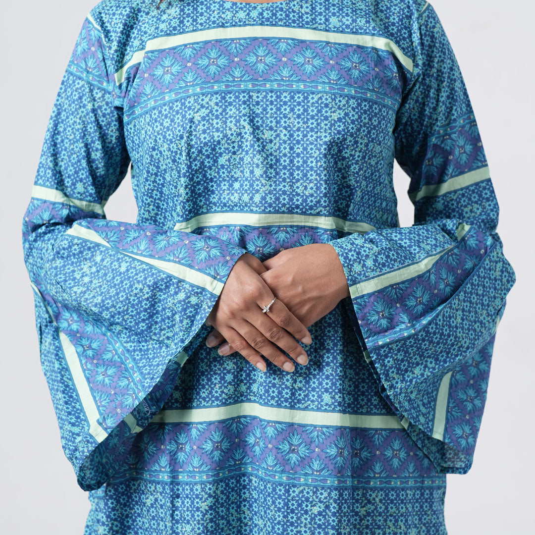Azure Muse Long Kurti featuring long flared bell sleeves with blue geometric prints