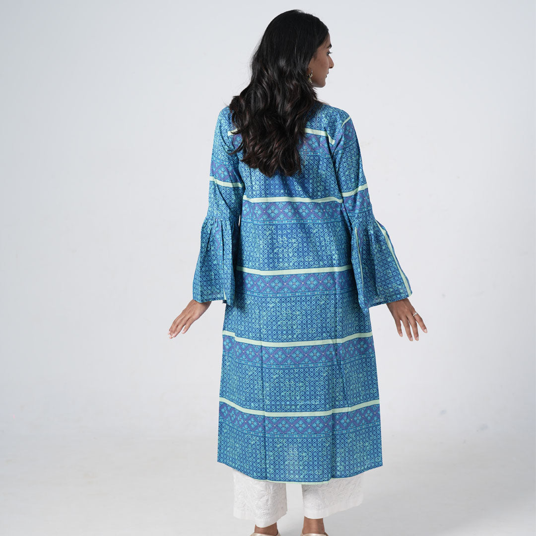 Back view of Azure Muse Long Kurti featuring blue geometric prints and long flared sleeves