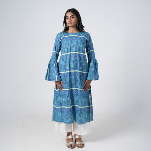Azure Muse Long Kurti for women in blue with geometric prints, a round neckline and a long straight fit