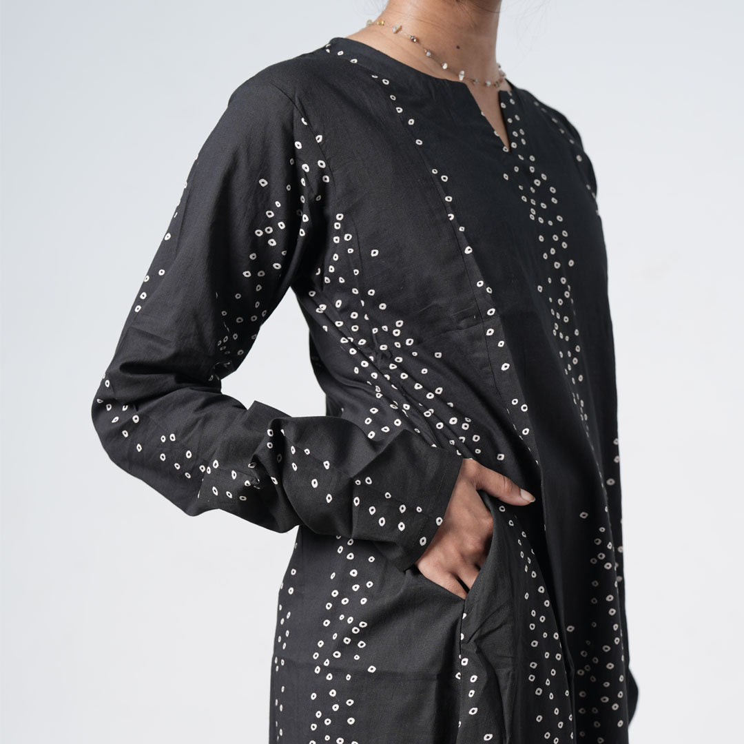 Bandhani Long Kurti in black with white dotted patterns and a long relaxed silhouette