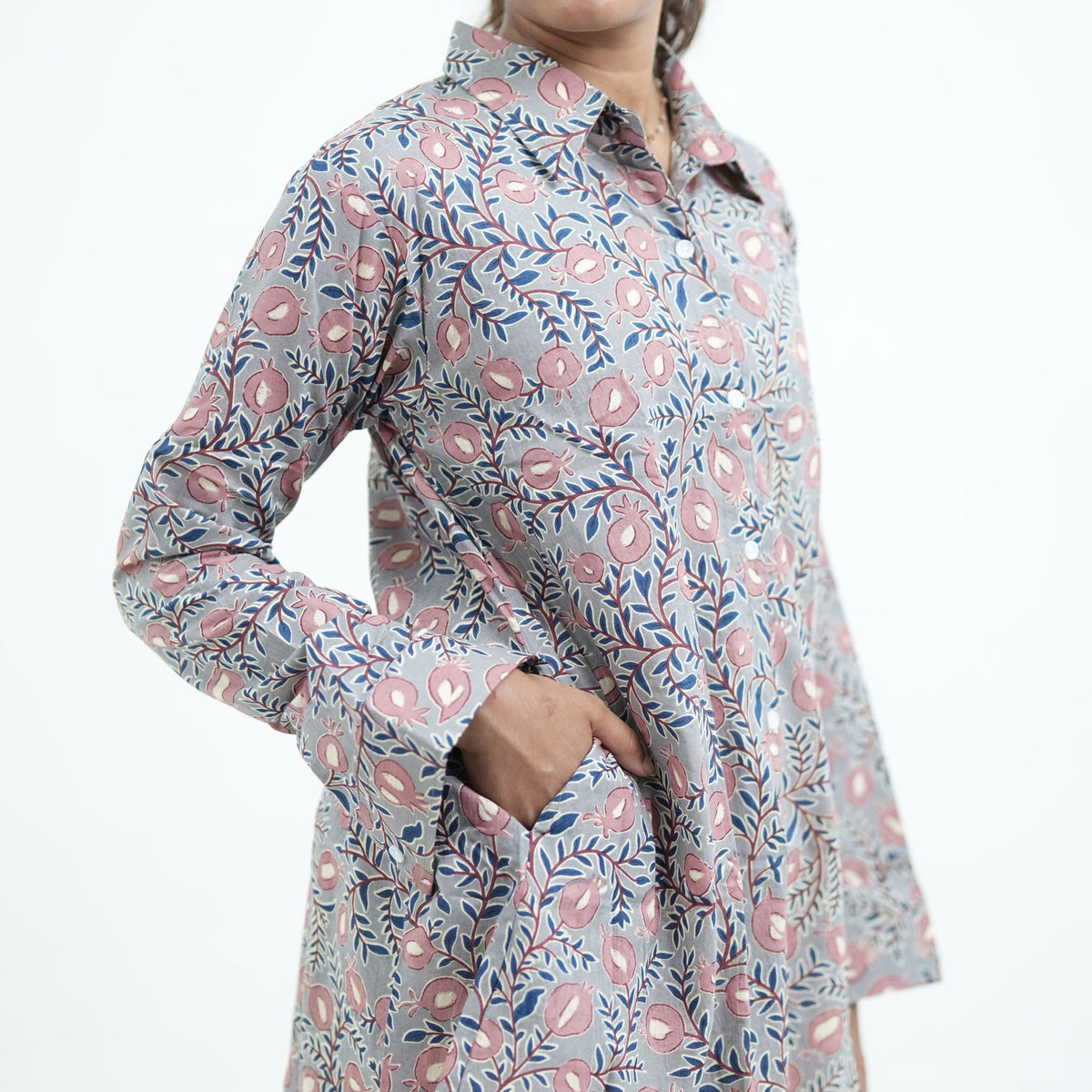 Blush Ivy Short Shirt for women with pink and blue floral prints and a side pocket detail