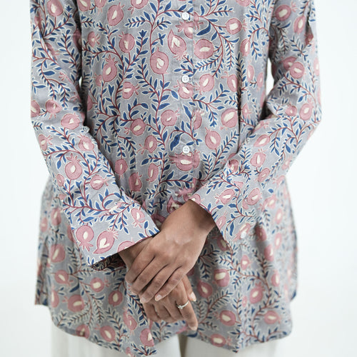 Blush Ivy Short Shirt featuring long sleeves with pink and blue floral prints and button cuffs