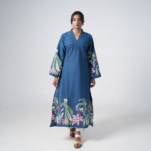 Boho Neel Long Kurti for women in blue with colourful floral border prints, a V neckline and a full-length design