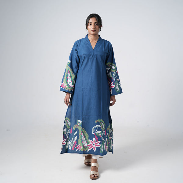 Boho Neel Long Kurti for women in blue with colourful floral border prints, a V neckline and a full-length design