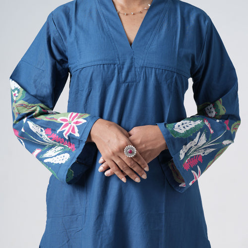 Boho Neel Long Kurti featuring wide three-quarter style sleeves with colourful floral prints on blue fabric