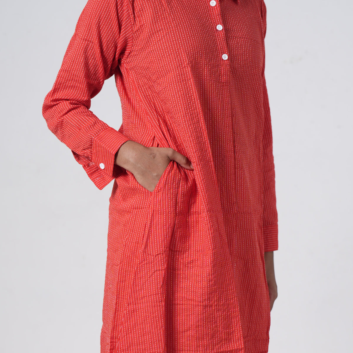 Coral Red Long Shirt for women with subtle vertical patterns and a relaxed longline fit