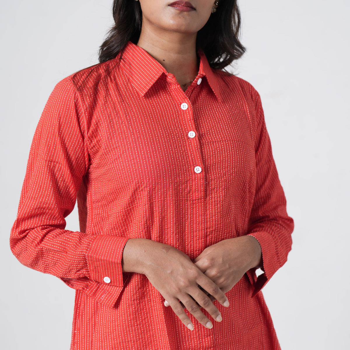 Coral Red Long Shirt featuring full-length sleeves with matching patterned fabric and button cuffs