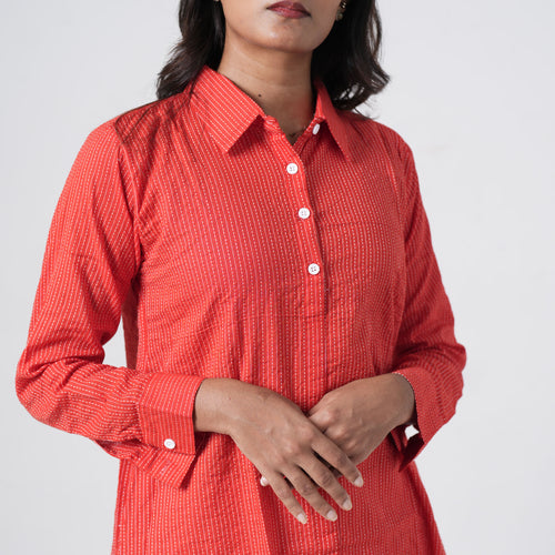 Coral Red Long Shirt featuring full-length sleeves with matching patterned fabric and button cuffs