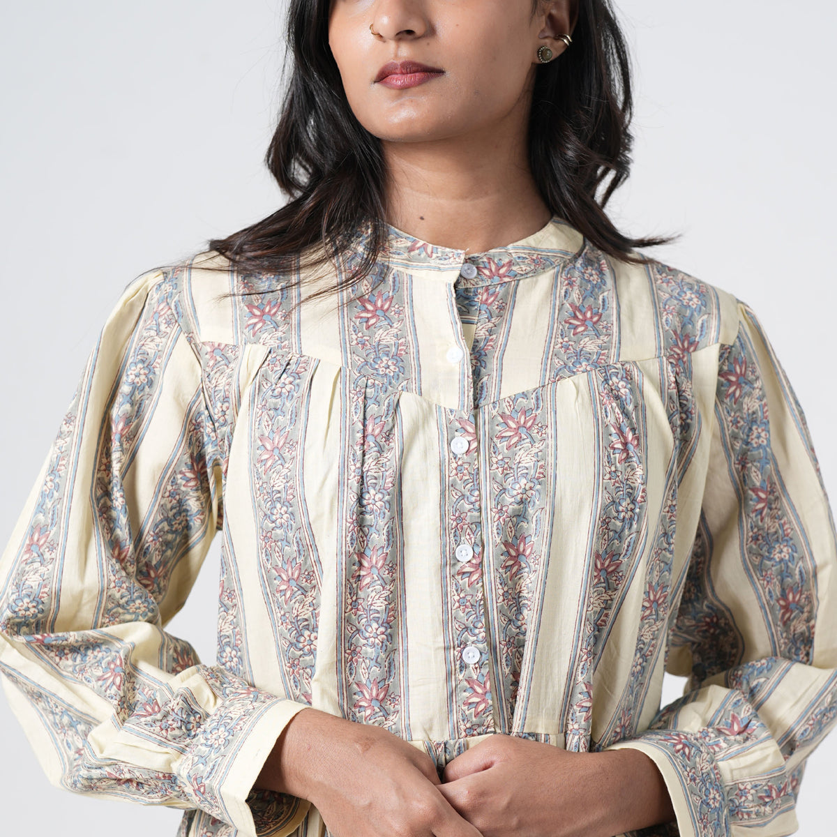 Desert Willow Long Kurti with a band collar, front button placket and blue and pink floral prints