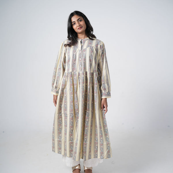 Desert Willow Long Kurti for women in cream with blue and pink floral stripe prints, a band collar and a gathered waist