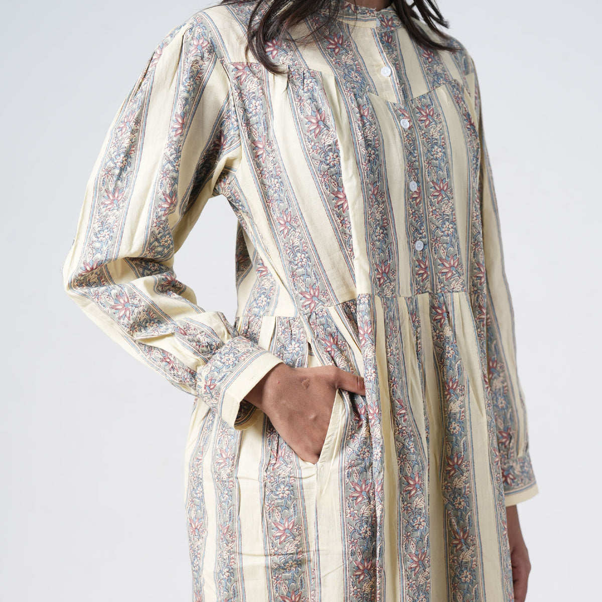 Desert Willow Long Kurti in cream with blue and pink floral stripes and a gathered waist design
