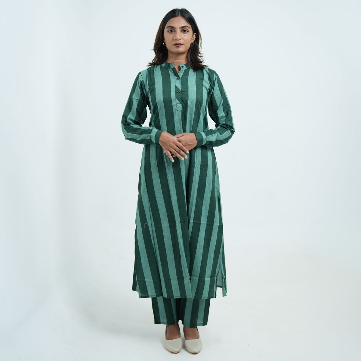 Forest Stripe Cord Set for women featuring a green striped long kurta with matching pants and a buttoned neckline