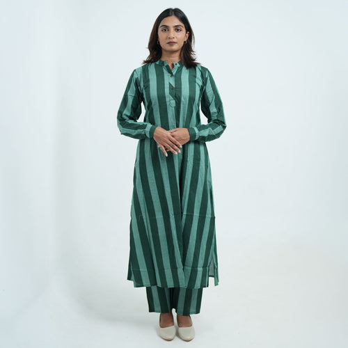 Forest Stripe Cord Set for women featuring a green striped long kurta with matching pants and a buttoned neckline