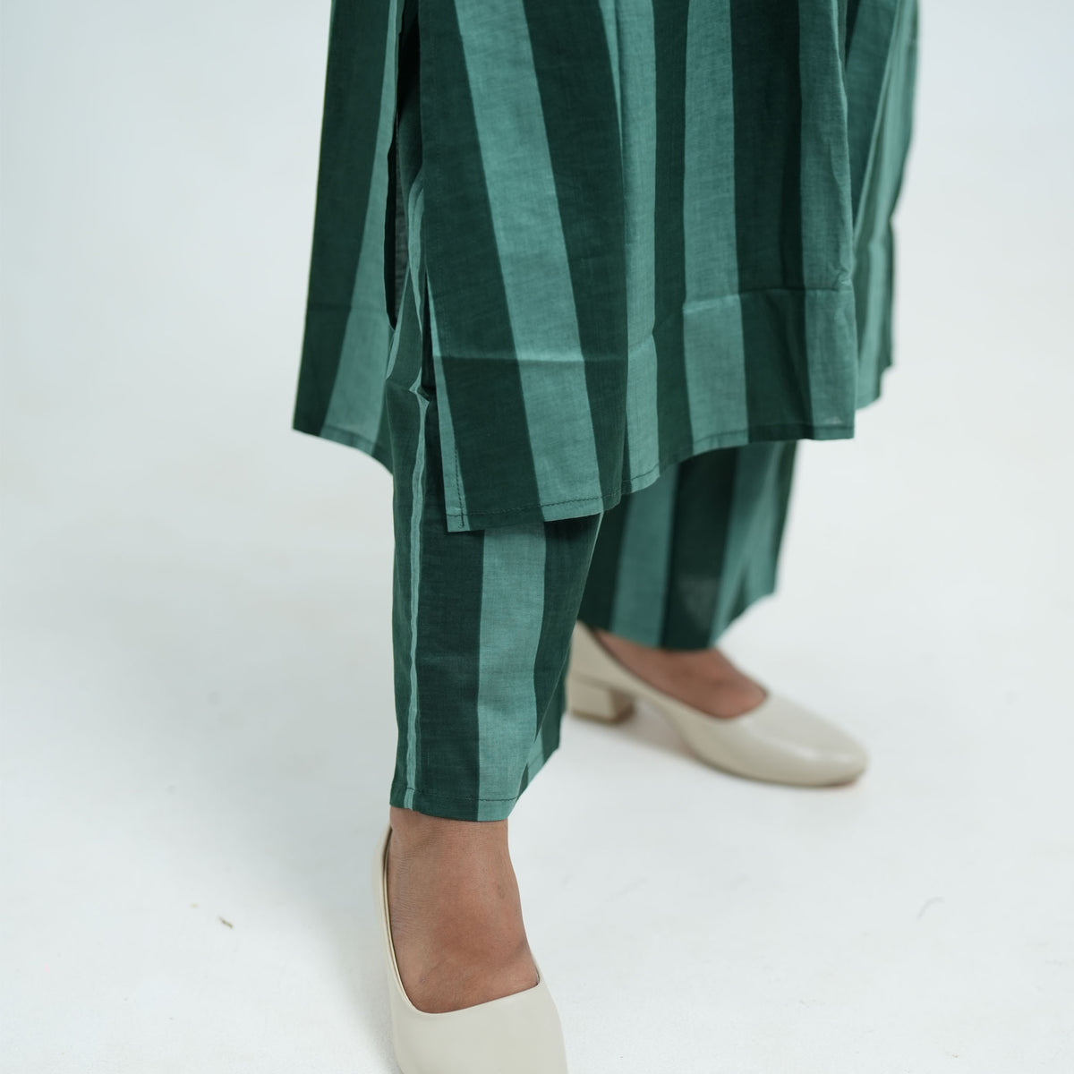 Forest Stripe Cord Set matching pants featuring dark and light green vertical stripes with a straight-leg fit