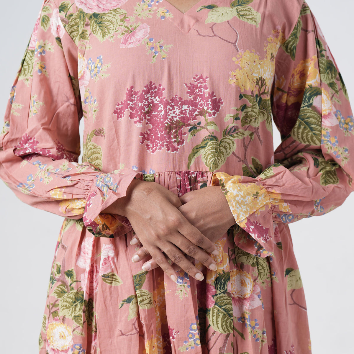 Inaya Long Kurti featuring long puff sleeves with gathered cuffs and colourful floral prints