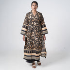 Kaala Rang black floral printed long kurti for women with beige patterns