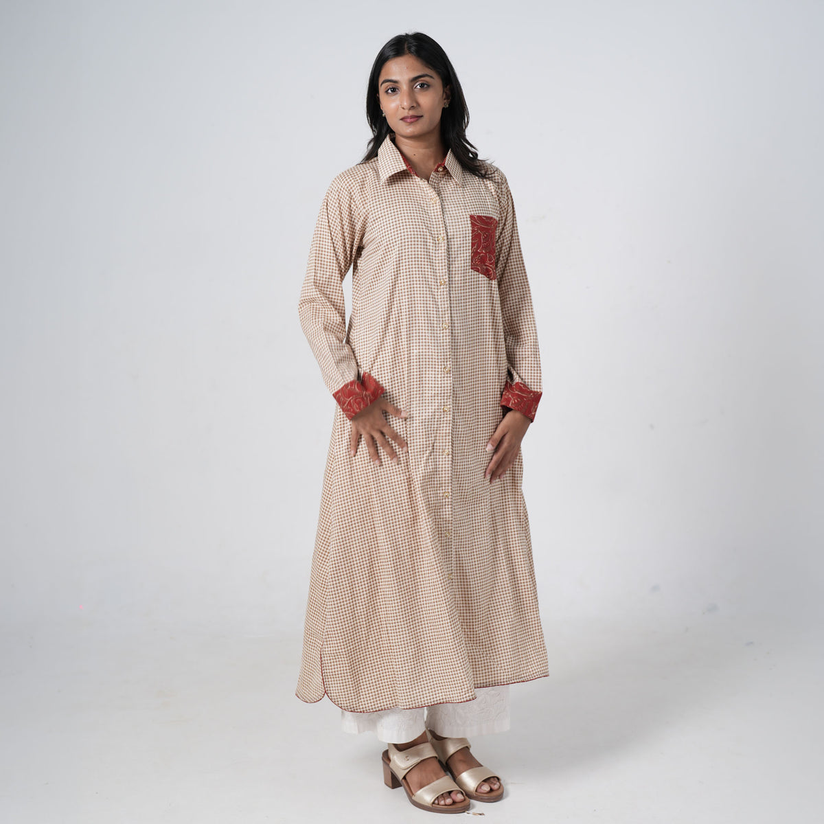 Kashish check long shirt for women in beige with a brown check pattern and maroon accents