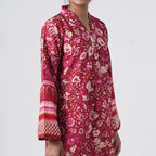 Laal Rang Long Kurti featuring wide flared sleeves with pink, cream and red decorative border prints