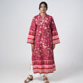 Laal Rang Long Kurti for women in deep red with pink and cream floral prints, a V neckline and decorative border patterns