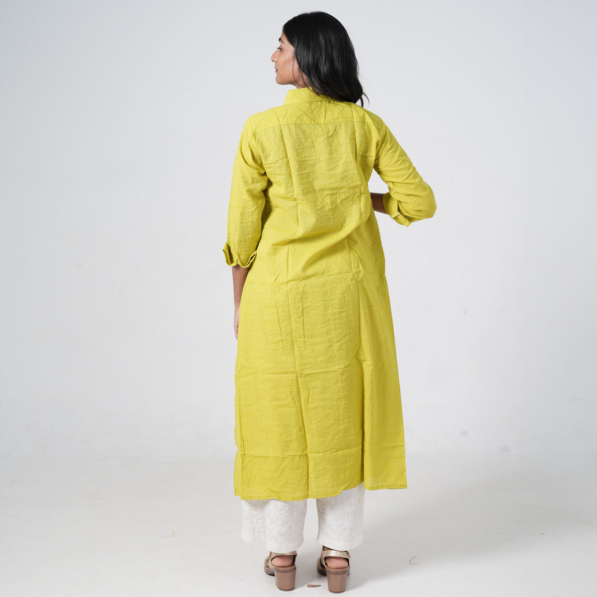 Back view of Lime Green Long Shirt featuring a bright lime green colour and a relaxed longline silhouette