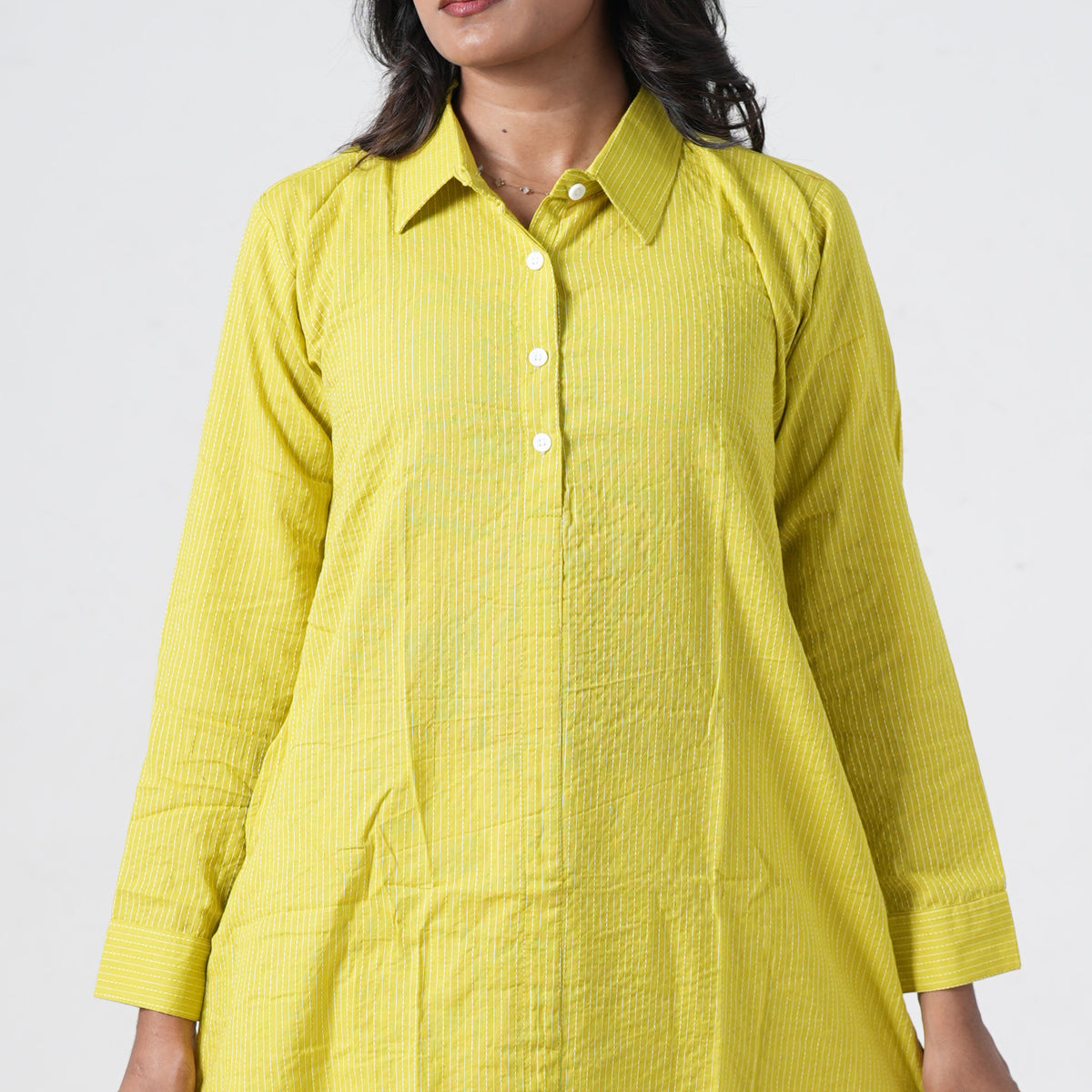 Lime Green Long Shirt with a classic shirt collar and short front button placket