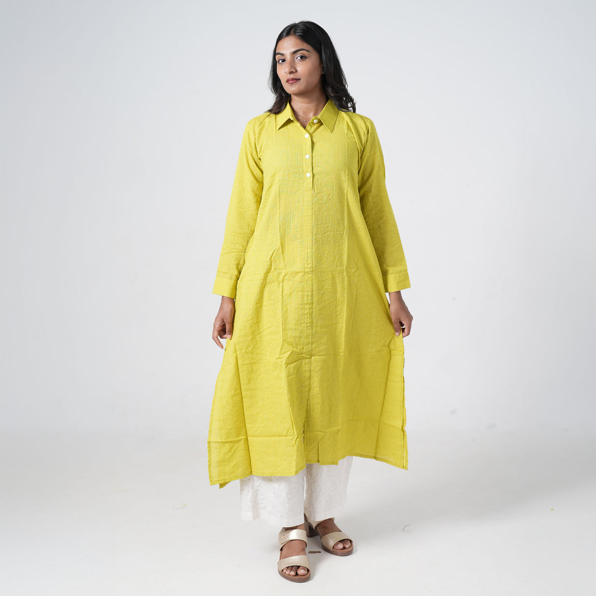 Lime Green Long Shirt for women featuring a bright lime green colour, subtle textured stripes and a button-down collar