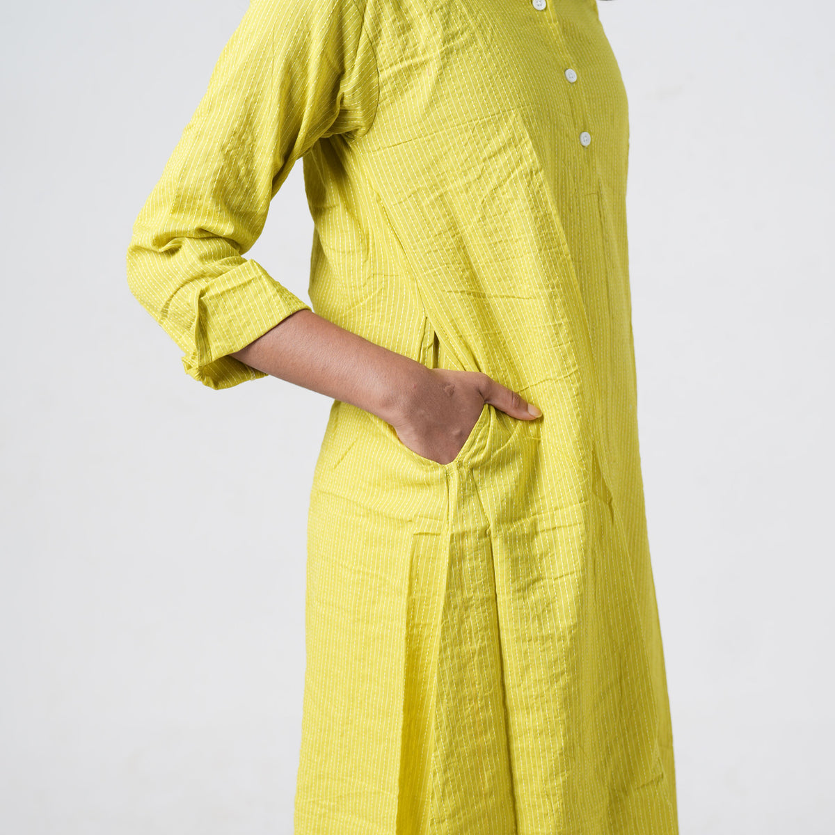 Lime Green Long Shirt for women with a relaxed longline fit and subtle textured stripes