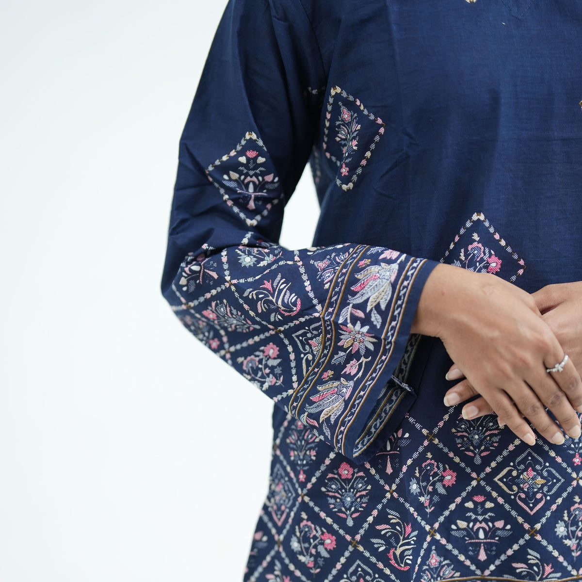 Luna Short Kurti featuring wide flared sleeves with pink and white floral prints and decorative borders