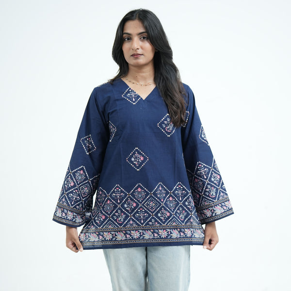 Luna Short Kurti for women in navy blue with pink and white geometric floral prints, a V neckline and decorative border patterns