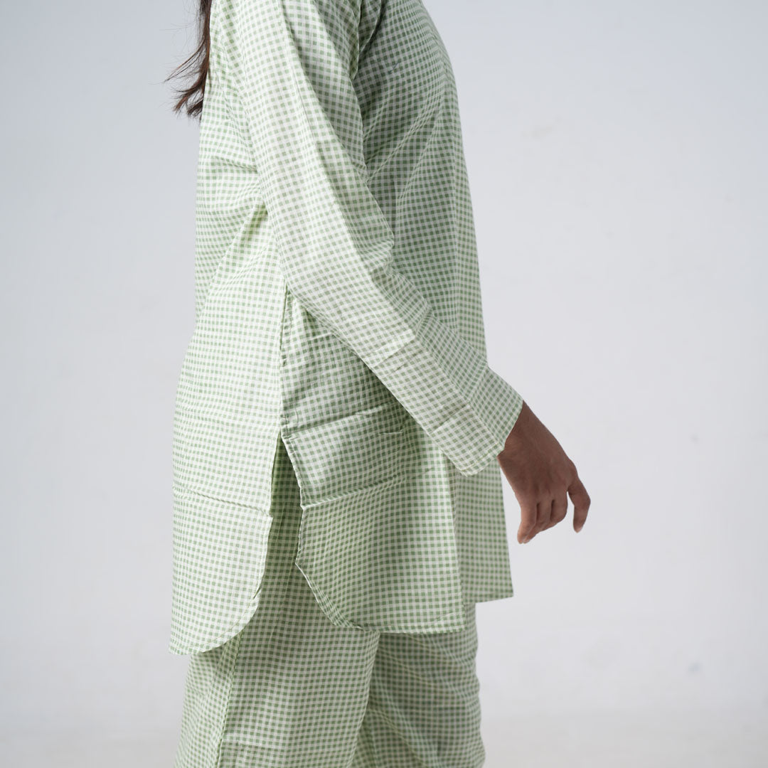 Matcha coord set featuring full sleeves and a subtle light green check pattern
