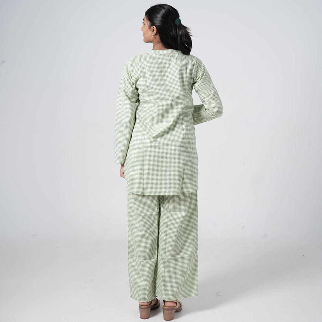 Back view of the Matcha coord set with a light green check print top and matching pants