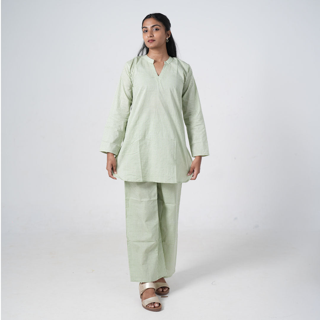 Matcha coord set for women in light green check print with a long sleeve top and matching pants