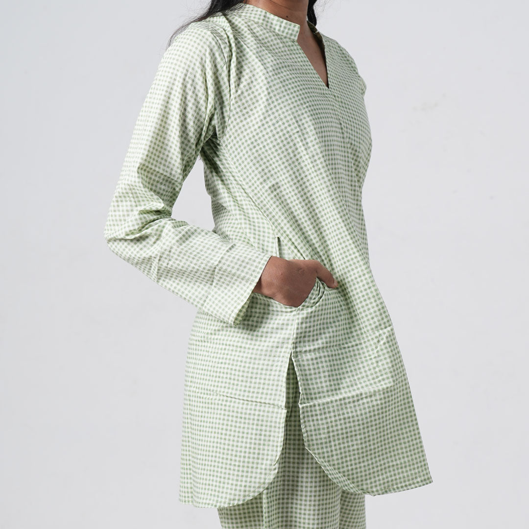Matcha green check coord set with side pockets on the matching pants