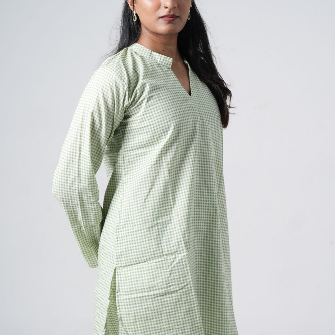 Matcha green check coord set with a notched neckline and a simple collarless design
